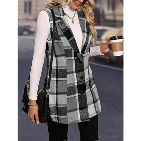 Plaid Button Up Vest Coat - Picture 6 of 7